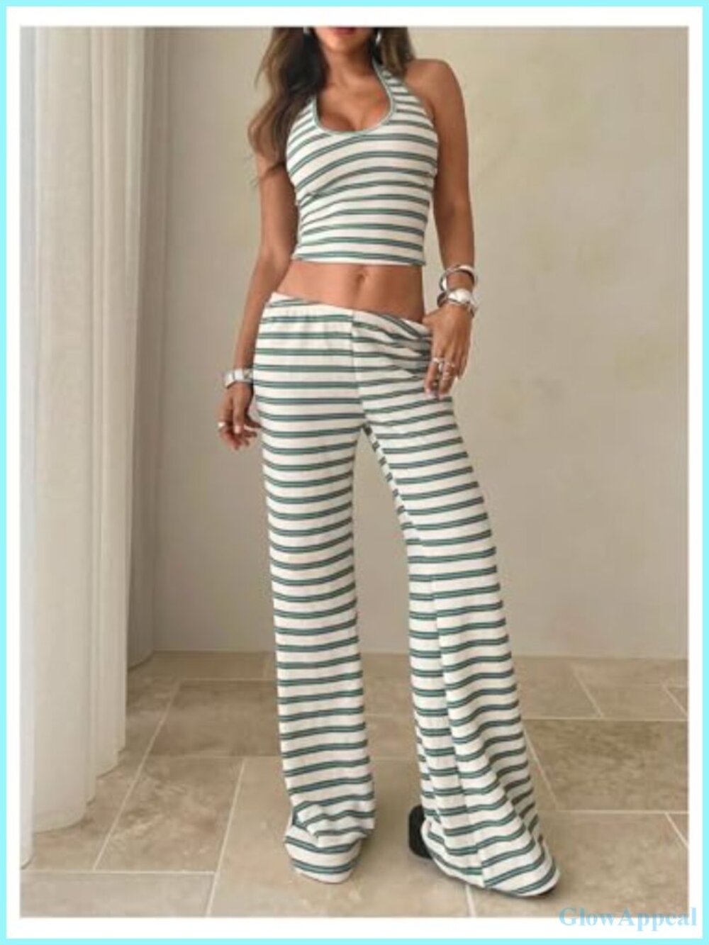 Women's Striped Lounge Set 2 Piece Matching Halter Crop Top and Pants - Picture 5 of 5